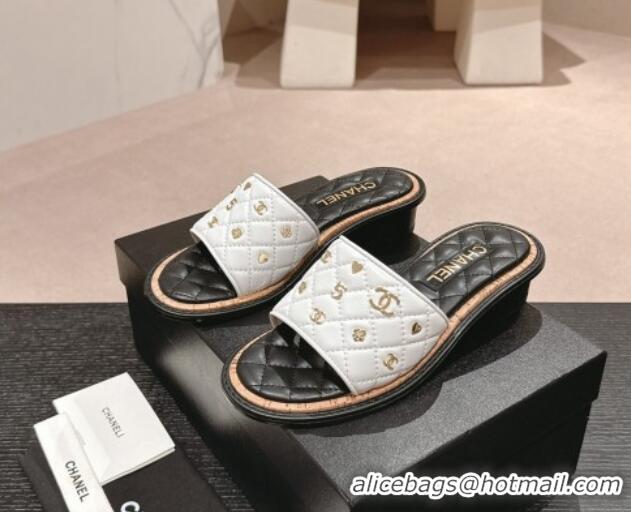 Good Quality Chanel Lambskin Heel Slides Sandal 4cm with Logo Charm White 601052