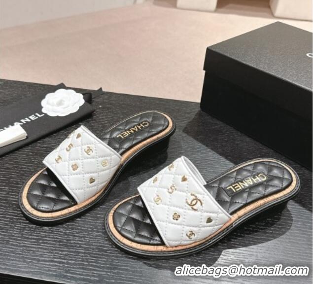 Good Quality Chanel Lambskin Heel Slides Sandal 4cm with Logo Charm White 601052