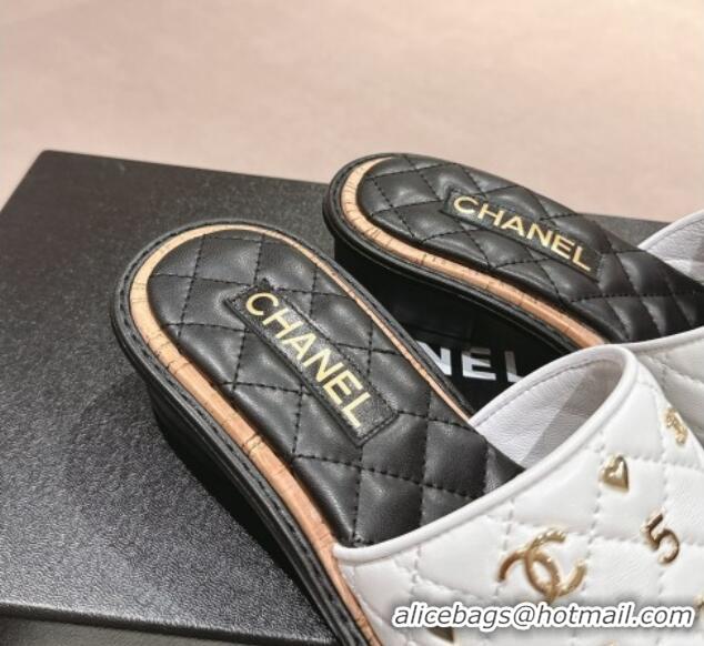 Good Quality Chanel Lambskin Heel Slides Sandal 4cm with Logo Charm White 601052