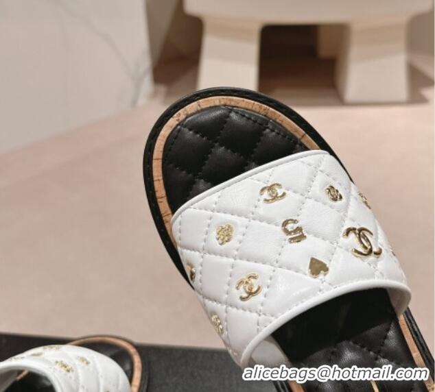 Good Quality Chanel Lambskin Heel Slides Sandal 4cm with Logo Charm White 601052