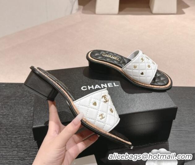 Good Quality Chanel Lambskin Heel Slides Sandal 4cm with Logo Charm White 601052