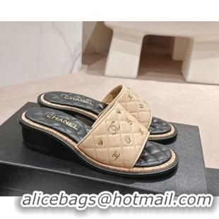 Unique Style Chanel Lambskin Heel Slides Sandal 4cm with Logo Charm Beige 601053