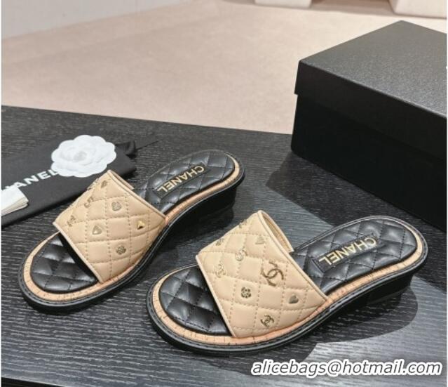 Unique Style Chanel Lambskin Heel Slides Sandal 4cm with Logo Charm Beige 601053