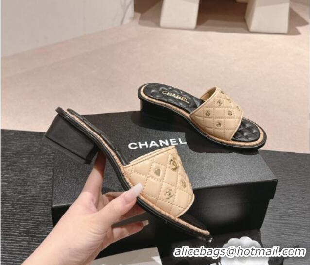 Unique Style Chanel Lambskin Heel Slides Sandal 4cm with Logo Charm Beige 601053