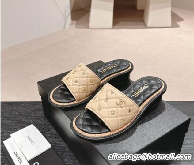 Unique Style Chanel Lambskin Heel Slides Sandal 4cm with Logo Charm Beige 601053