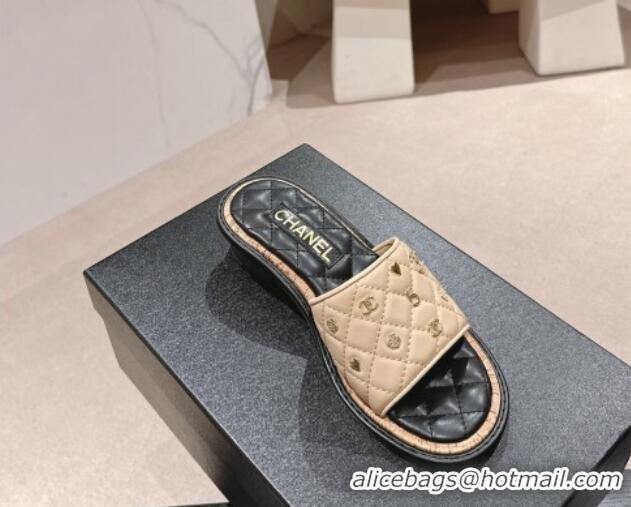 Unique Style Chanel Lambskin Heel Slides Sandal 4cm with Logo Charm Beige 601053