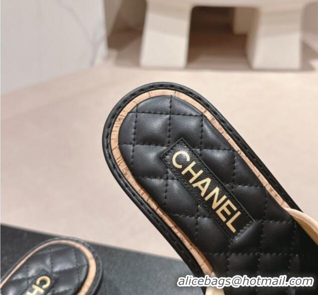 Unique Style Chanel Lambskin Heel Slides Sandal 4cm with Logo Charm Beige 601053