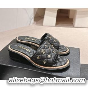 Cheap Price Chanel Lambskin Heel Slides Sandal 4cm with Logo Charm Black 601054