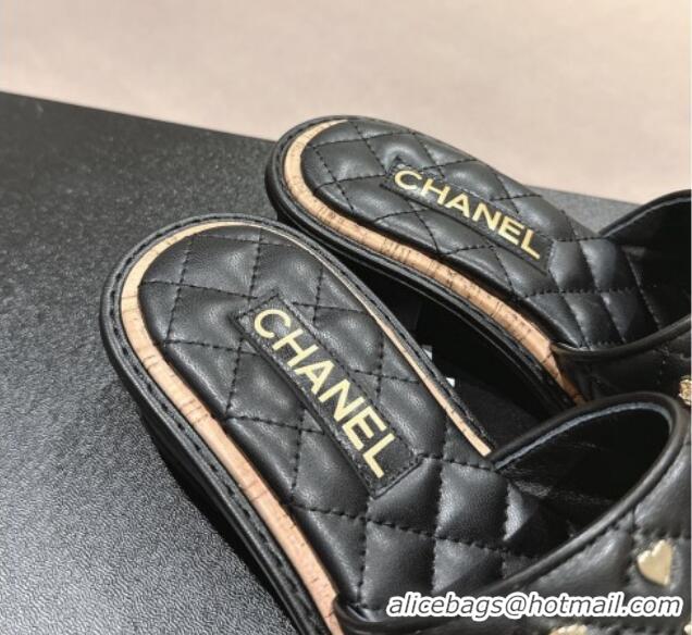 Cheap Price Chanel Lambskin Heel Slides Sandal 4cm with Logo Charm Black 601054