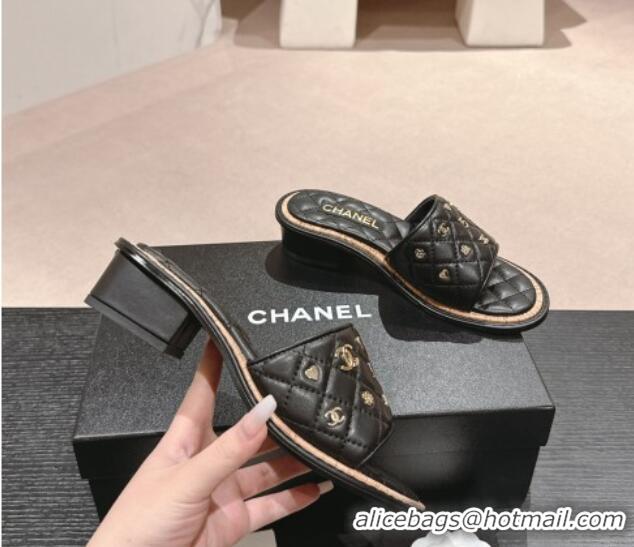 Cheap Price Chanel Lambskin Heel Slides Sandal 4cm with Logo Charm Black 601054