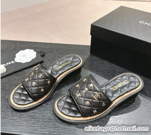 Cheap Price Chanel Lambskin Heel Slides Sandal 4cm with Logo Charm Black 601054