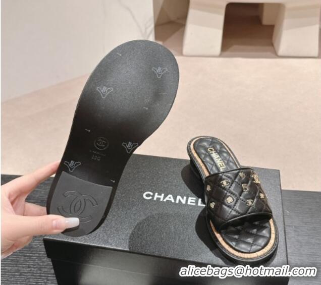 Cheap Price Chanel Lambskin Heel Slides Sandal 4cm with Logo Charm Black 601054