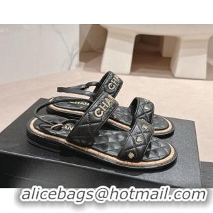 Best Product Chanel Lambskin Slingback Flat Sandals with Logo Charm Black 601055