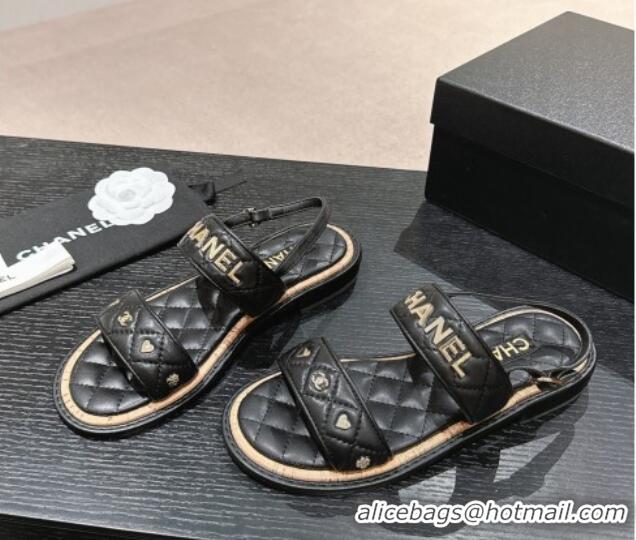 Best Product Chanel Lambskin Slingback Flat Sandals with Logo Charm Black 601055