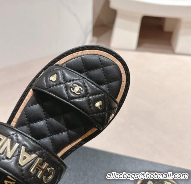 Best Product Chanel Lambskin Slingback Flat Sandals with Logo Charm Black 601055