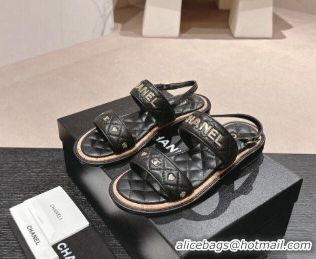 Best Product Chanel Lambskin Slingback Flat Sandals with Logo Charm Black 601055