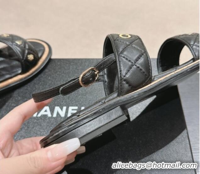 Best Product Chanel Lambskin Slingback Flat Sandals with Logo Charm Black 601055