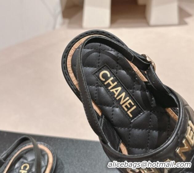 Best Product Chanel Lambskin Slingback Flat Sandals with Logo Charm Black 601055