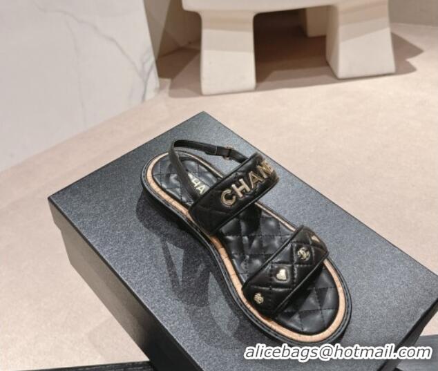 Best Product Chanel Lambskin Slingback Flat Sandals with Logo Charm Black 601055