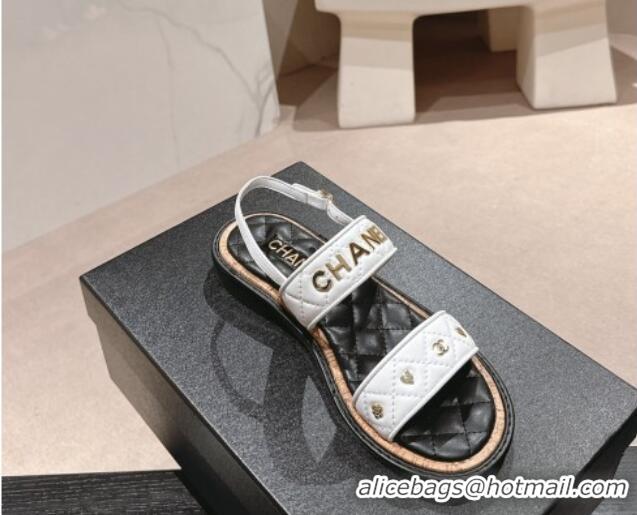 Shop Duplicate Chanel Lambskin Slingback Flat Sandals with Logo Charm White 601056