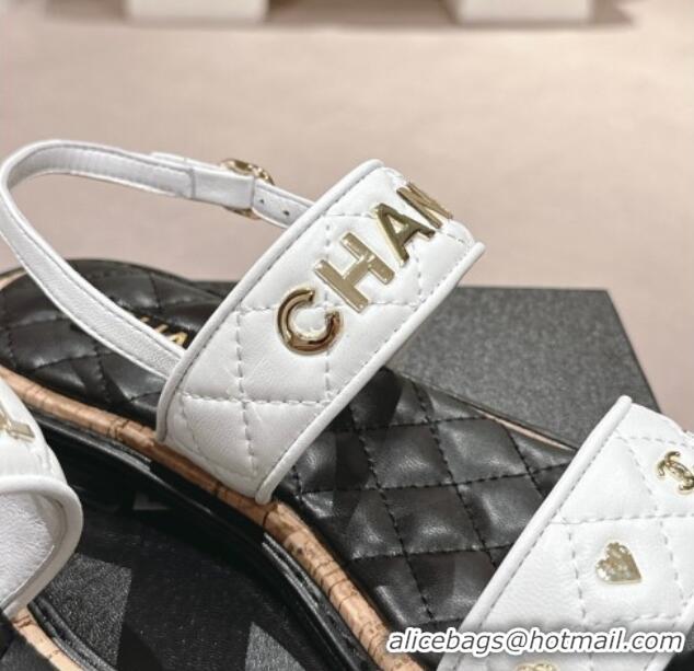 Shop Duplicate Chanel Lambskin Slingback Flat Sandals with Logo Charm White 601056