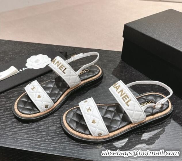 Shop Duplicate Chanel Lambskin Slingback Flat Sandals with Logo Charm White 601056