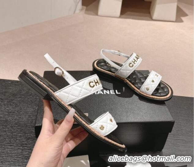 Shop Duplicate Chanel Lambskin Slingback Flat Sandals with Logo Charm White 601056