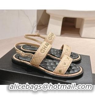 Luxury Cheap Chanel Lambskin Slingback Flat Sandals with Logo Charm Beige 601057