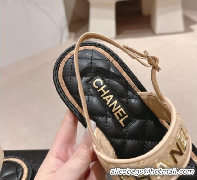 Luxury Cheap Chanel Lambskin Slingback Flat Sandals with Logo Charm Beige 601057