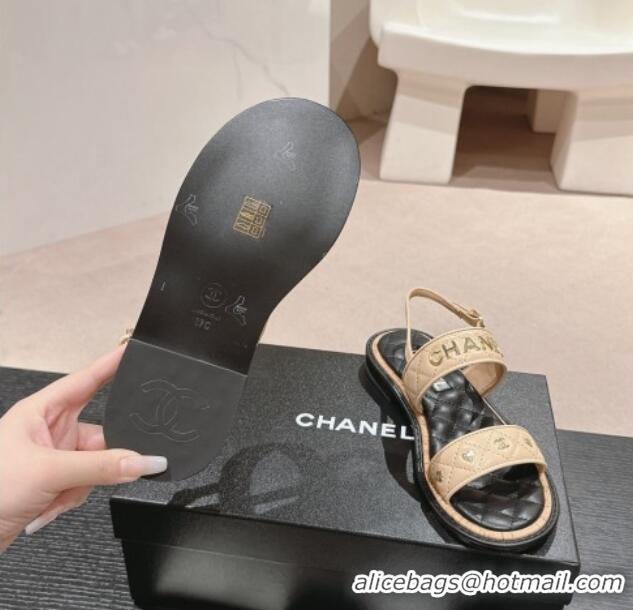 Luxury Cheap Chanel Lambskin Slingback Flat Sandals with Logo Charm Beige 601057