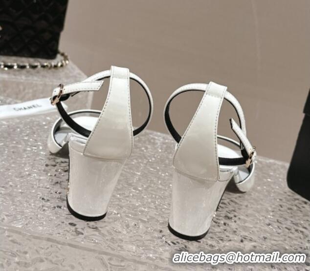 Luxury Chanel Patent Calfskin Heel Sandals with Ankle Strap White 601058