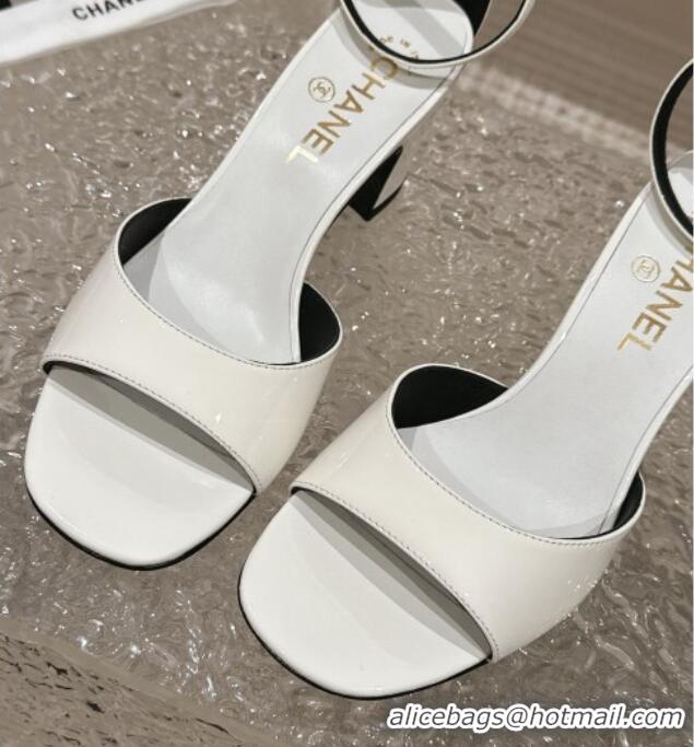 Luxury Chanel Patent Calfskin Heel Sandals with Ankle Strap White 601058