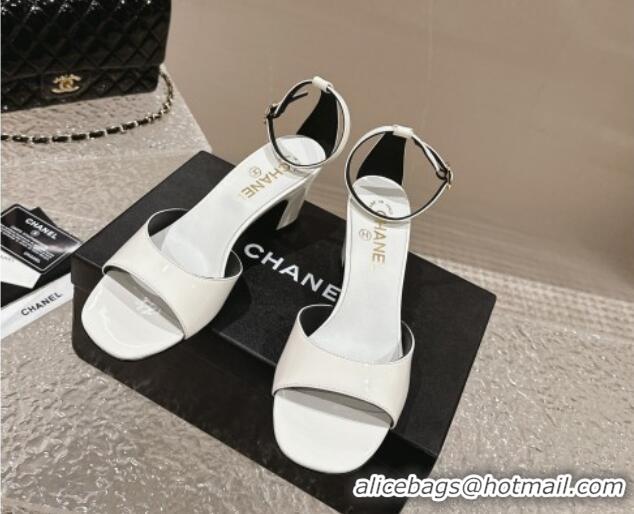 Luxury Chanel Patent Calfskin Heel Sandals with Ankle Strap White 601058