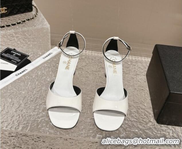 Luxury Chanel Patent Calfskin Heel Sandals with Ankle Strap White 601058