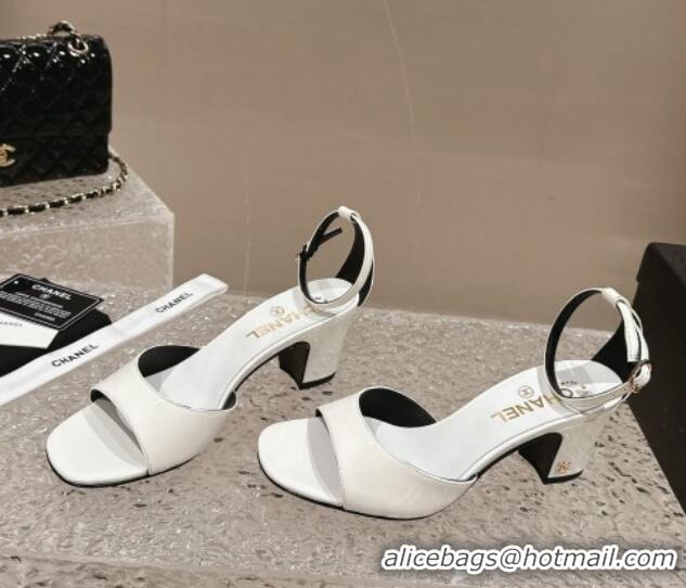 Luxury Chanel Patent Calfskin Heel Sandals with Ankle Strap White 601058