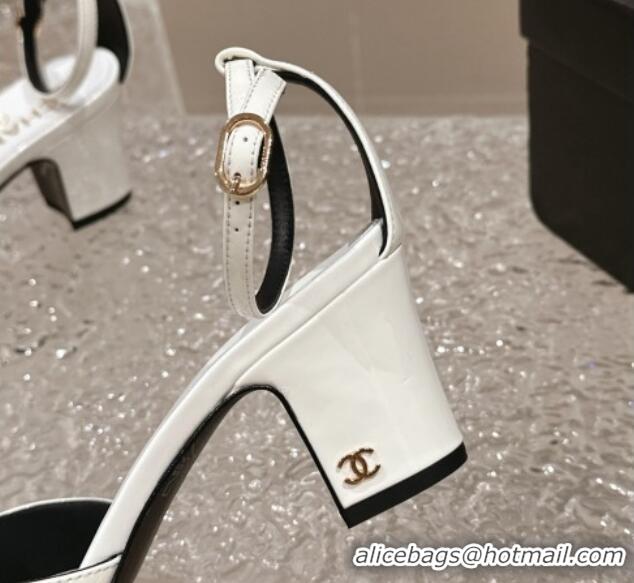 Luxury Chanel Patent Calfskin Heel Sandals with Ankle Strap White 601058