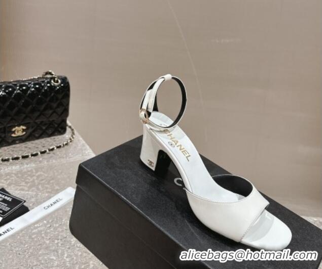 Luxury Chanel Patent Calfskin Heel Sandals with Ankle Strap White 601058