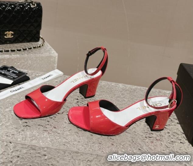 Durable Chanel Patent Calfskin Heel Sandals with Ankle Strap Red 601059