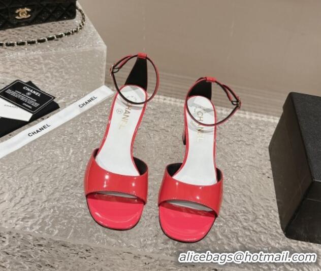 Durable Chanel Patent Calfskin Heel Sandals with Ankle Strap Red 601059