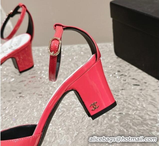 Durable Chanel Patent Calfskin Heel Sandals with Ankle Strap Red 601059