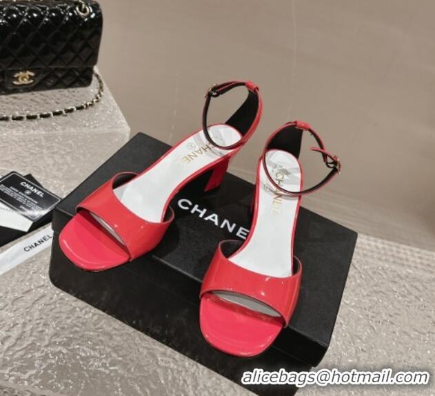 Durable Chanel Patent Calfskin Heel Sandals with Ankle Strap Red 601059