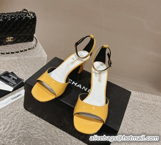 Luxurious Chanel Patent Calfskin Heel Sandals with Ankle Strap Yellow 601060