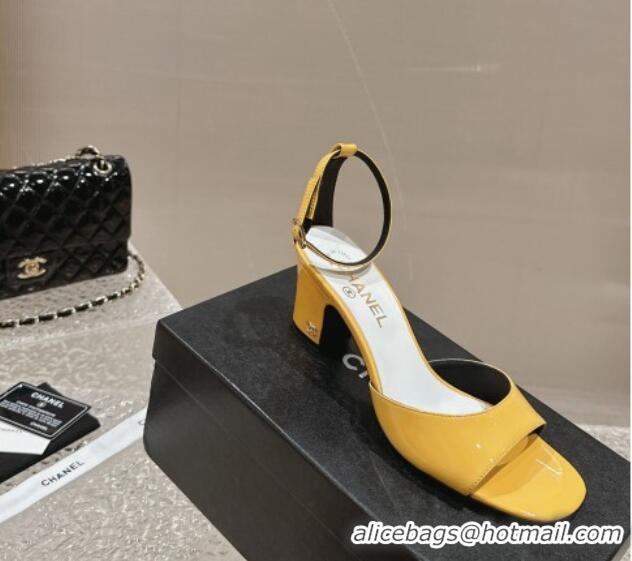 Luxurious Chanel Patent Calfskin Heel Sandals with Ankle Strap Yellow 601060