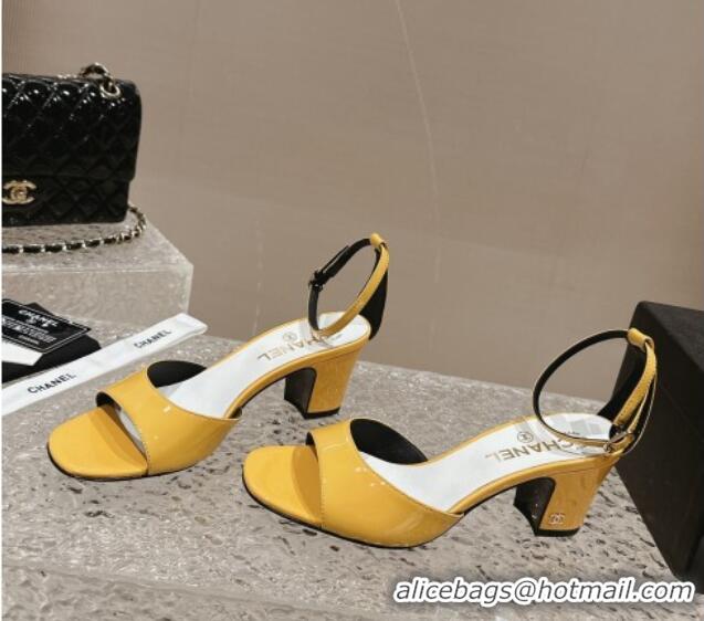 Luxurious Chanel Patent Calfskin Heel Sandals with Ankle Strap Yellow 601060