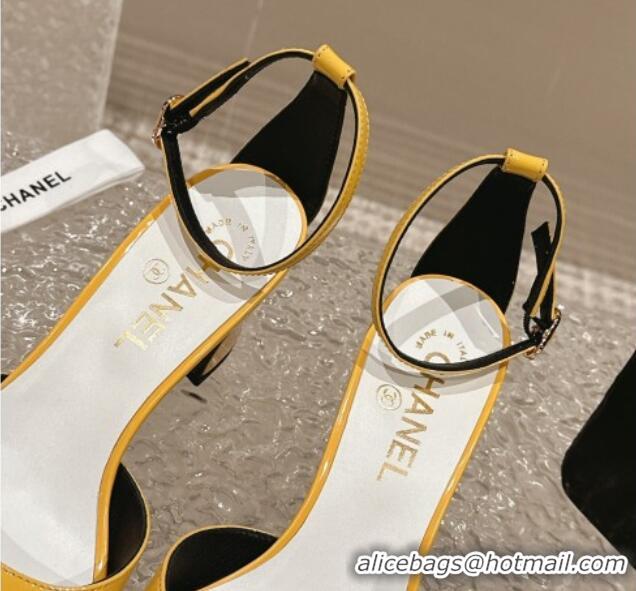 Luxurious Chanel Patent Calfskin Heel Sandals with Ankle Strap Yellow 601060