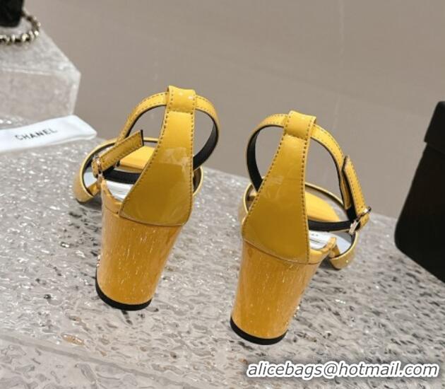 Luxurious Chanel Patent Calfskin Heel Sandals with Ankle Strap Yellow 601060