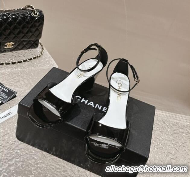 ost Popular Chanel Patent Calfskin Heel Sandals with Ankle Strap Black 601061