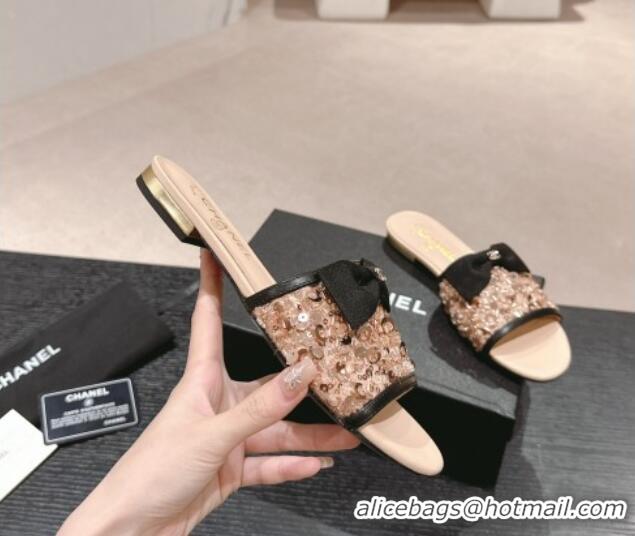 Pretty Style Chanel Strass and Sequins Flat Slides Sandal with Bow G45691 Beige 601062