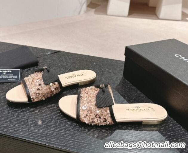 Pretty Style Chanel Strass and Sequins Flat Slides Sandal with Bow G45691 Beige 601062