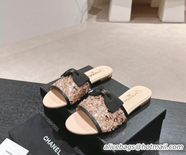 Pretty Style Chanel Strass and Sequins Flat Slides Sandal with Bow G45691 Beige 601062